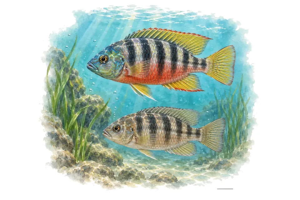 Aquarelle : Haplochromis obliquidens, mâle et femelle l'un au-dessus de l'autre dans une eau turquoise.