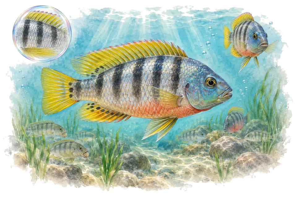 Aquarelle : Haplochromis obliquidens (Haplochromis obliquidens) dans une eau turquoise lumineuse, avec une vue de trois quarts et un détail dans une bulle.