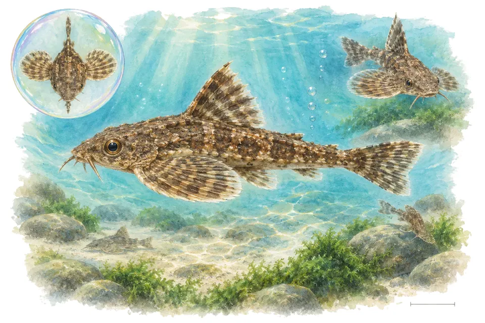 Aquarelle : Poisson-chat nain asiatique (Hara jerdoni) dans une eau turquoise lumineuse, avec une vue de trois quarts et un détail dans une bulle.