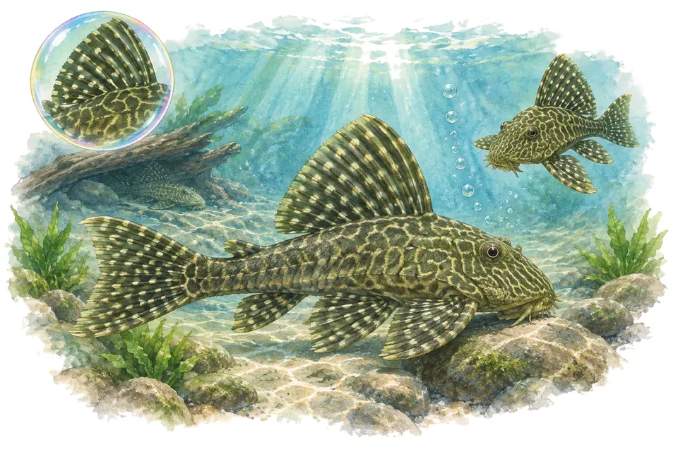 Aquarelle : Hémiancistrus vert (Hemiancistrus subviridis) dans une eau turquoise lumineuse, avec une vue de trois quarts et un détail dans une bulle.