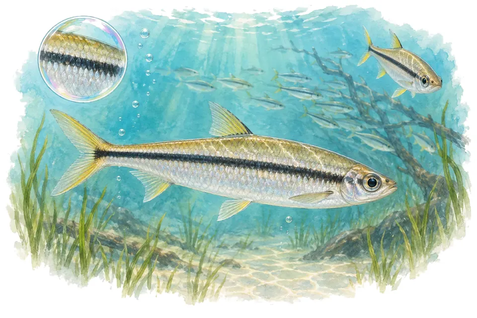 Aquarelle : Hemiodus gracile (Hemiodus gracilis) dans une eau turquoise lumineuse, avec une vue de trois quarts et un détail dans une bulle.