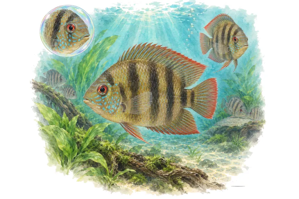 Aquarelle : Severum (Heros efasciatus) dans une eau turquoise lumineuse, avec une vue de trois quarts et un détail dans une bulle.