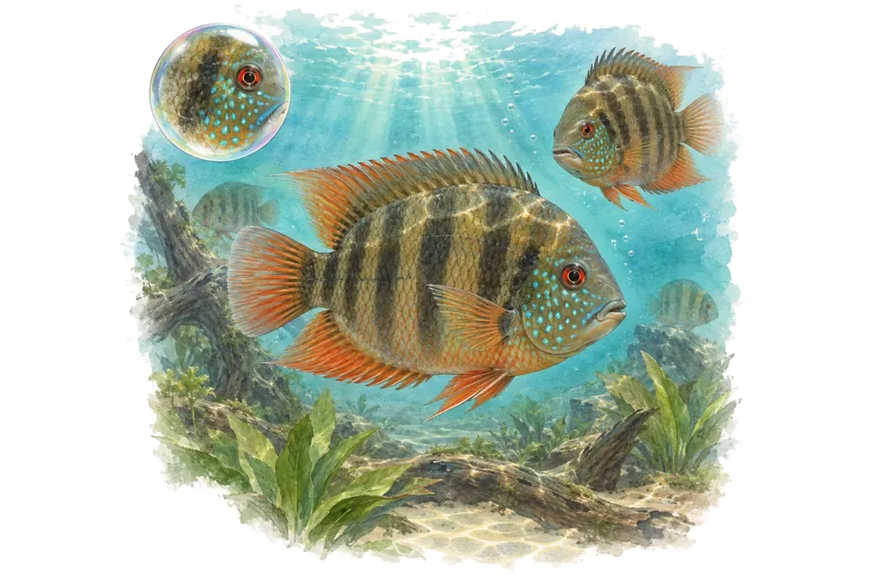 Aquarelle : Severum incubateur buccal (Heros liberifer) dans une eau turquoise lumineuse, avec une vue de trois quarts et un détail dans une bulle.