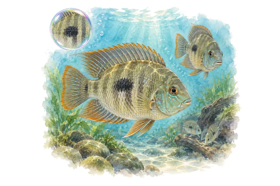 Aquarelle : Severum tacheté (Heros notatus) dans une eau turquoise lumineuse, avec une vue de trois quarts et un détail dans une bulle.