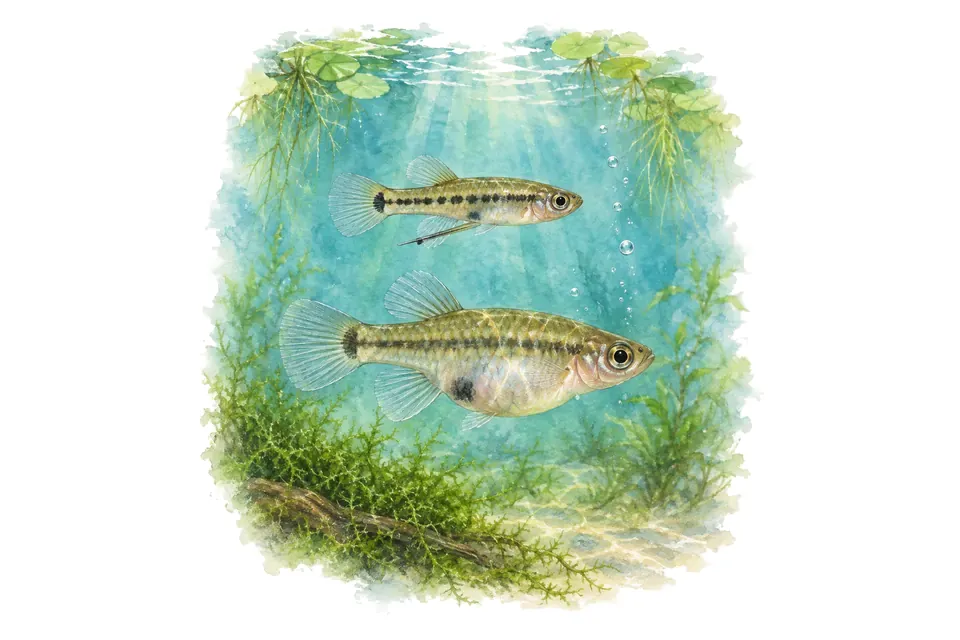 Aquarelle : Poisson-moustique nain, mâle et femelle l'un au-dessus de l'autre dans une eau turquoise.