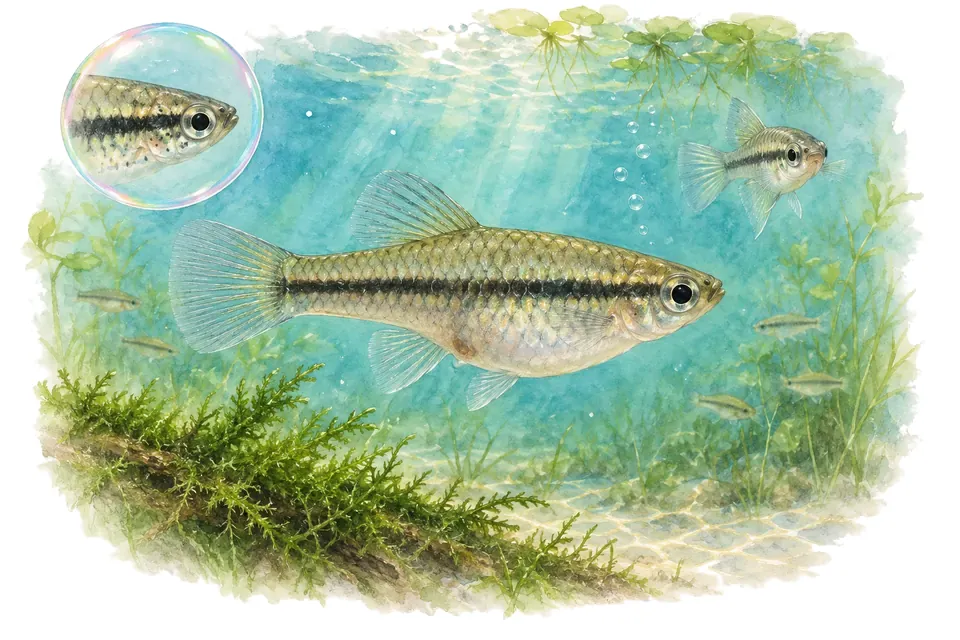Aquarelle : Poisson-moustique nain (Heterandria formosa) dans une eau turquoise lumineuse, avec une vue de trois quarts et un détail dans une bulle.