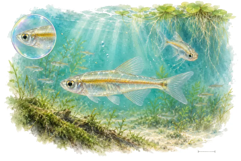Aquarelle : Horadandia (Horadandia atukorali) dans une eau turquoise lumineuse, avec une vue de trois quarts et un détail dans une bulle.