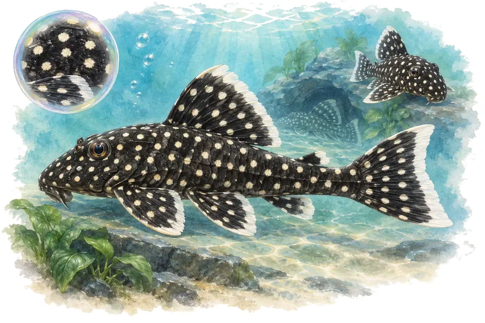 Aquarelle : Hypancistrus à points blancs (Hypancistrus debilittera) dans une eau turquoise lumineuse, avec une vue de trois quarts et un détail dans une bulle.