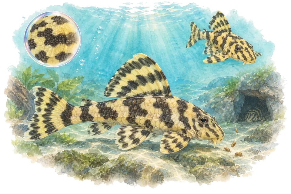 Aquarelle : Hypancistrus à points blancs (Hypancistrus contradens) dans une eau turquoise lumineuse, avec une vue de trois quarts et un détail dans une bulle.