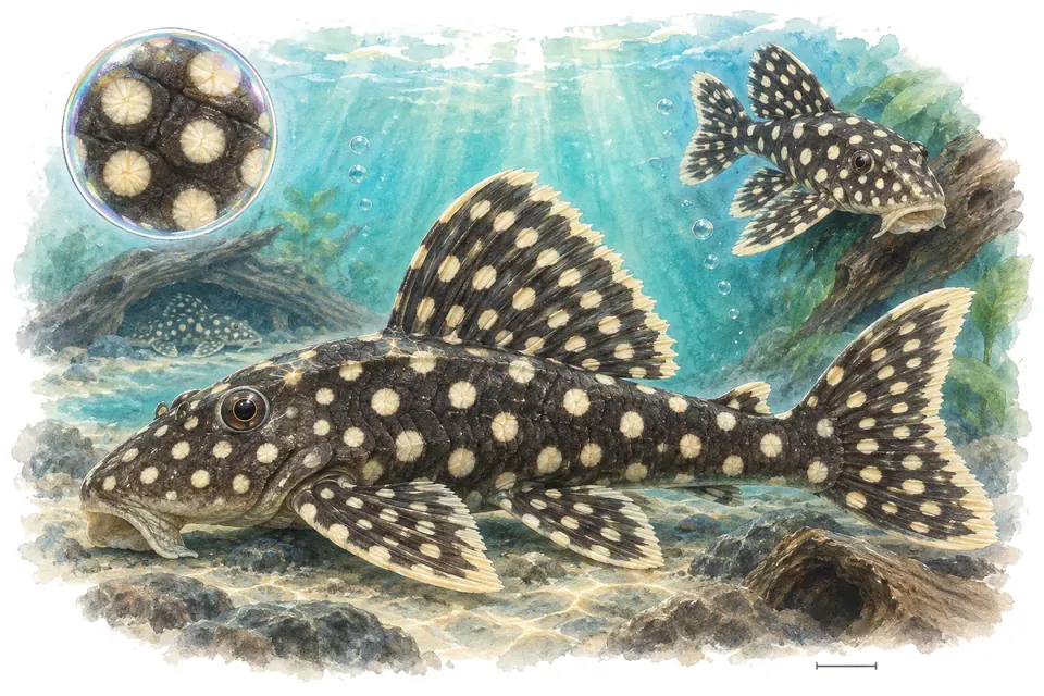 Aquarelle : Hypancistrus inspecteur (Hypancistrus inspector) dans une eau turquoise lumineuse, avec une vue de trois quarts et un détail dans une bulle.