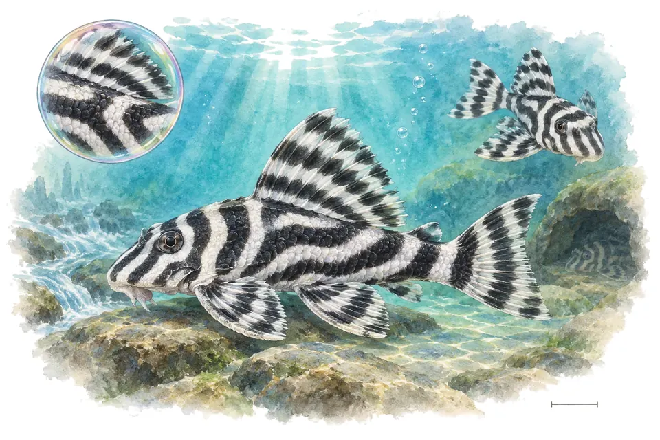 Aquarelle : Hypancistrus zébra (Hypancistrus zebra) dans une eau turquoise lumineuse, avec une vue de trois quarts et un détail dans une bulle.