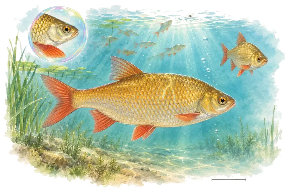 Aquarelle : Ide mélanote (Leuciscus idus) dans une eau turquoise lumineuse, avec une vue de trois quarts et un détail dans une bulle.