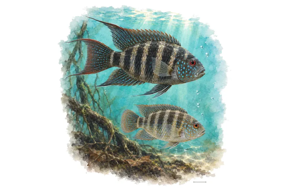 Aquarelle : Ivanacara adoketa, mâle et femelle l'un au-dessus de l'autre dans une eau turquoise.