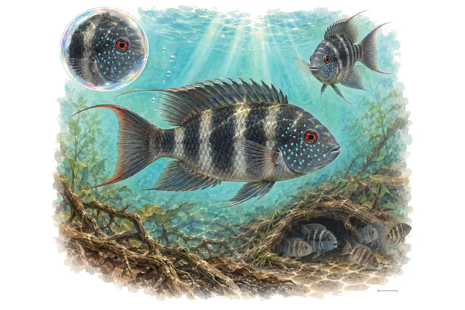 Aquarelle : Ivanacara adoketa (Ivanacara adoketa) dans une eau turquoise lumineuse, avec une vue de trois quarts et un détail dans une bulle.