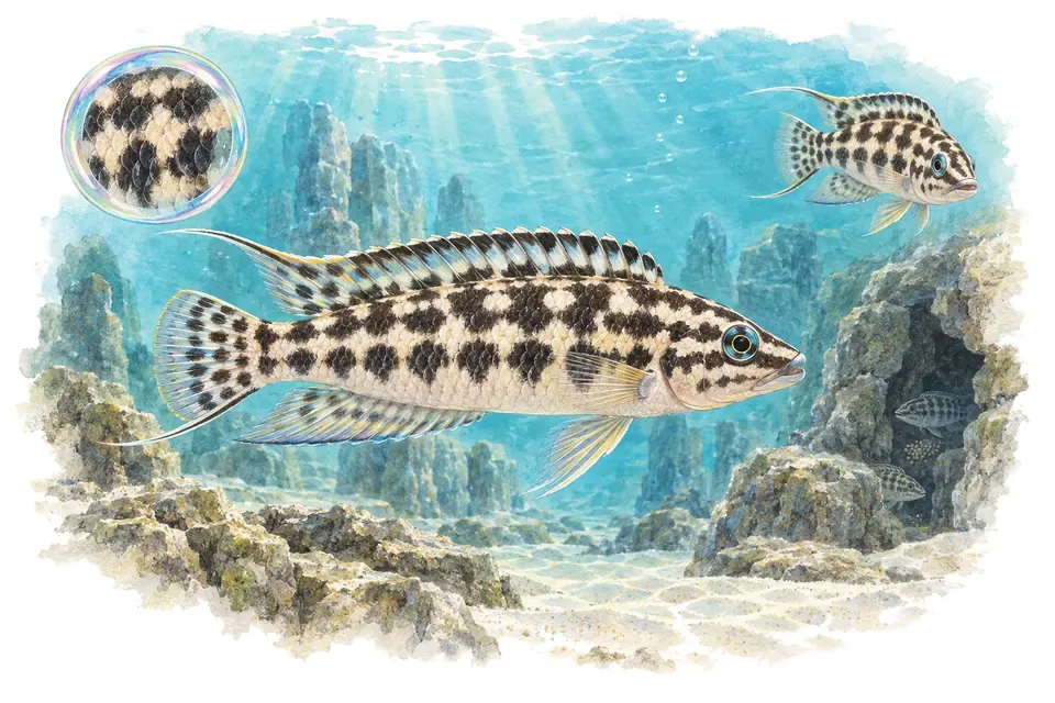 Aquarelle : Julidochromis de Marlier (Julidochromis marlieri) dans une eau turquoise lumineuse, avec une vue de trois quarts et un détail dans une bulle.