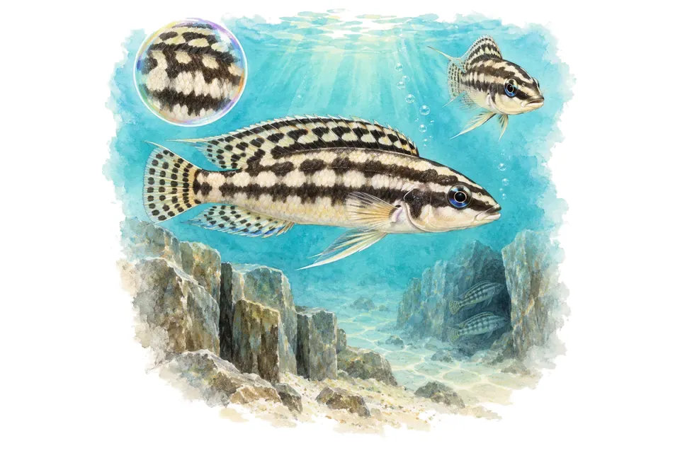 Aquarelle : Julidochromis damier (Julidochromis transcriptus) dans une eau turquoise lumineuse, avec une vue de trois quarts et un détail dans une bulle.