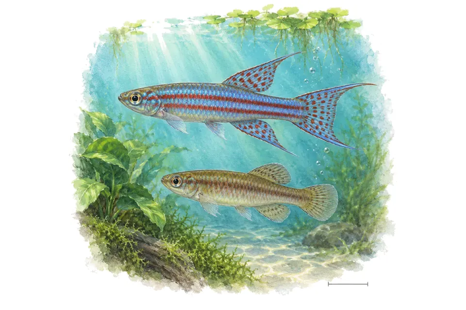 Aquarelle : Killi à deux bandes, mâle et femelle l'un au-dessus de l'autre dans une eau turquoise.