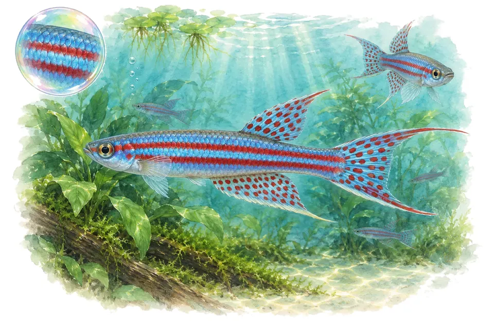 Aquarelle : Killi à deux bandes (Aphyosemion bitaeniatum) dans une eau turquoise lumineuse, avec une vue de trois quarts et un détail dans une bulle.