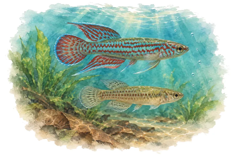 Aquarelle : Killi bivittatum, mâle et femelle l'un au-dessus de l'autre dans une eau turquoise.