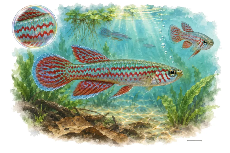 Aquarelle : Killi bivittatum (Aphyosemion bivittatum) dans une eau turquoise lumineuse, avec une vue de trois quarts et un détail dans une bulle.