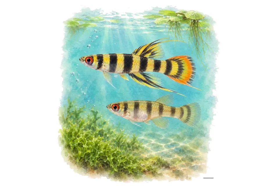 Aquarelle : Killi clown, mâle et femelle l'un au-dessus de l'autre dans une eau turquoise.