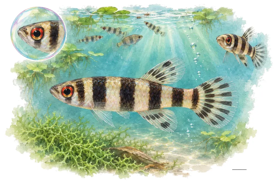 Aquarelle : Killi clown (Epiplatys annulatus) dans une eau turquoise lumineuse, avec une vue de trois quarts et un détail dans une bulle.
