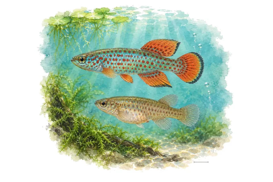 Aquarelle : Killi d’Amiet, mâle et femelle l'un au-dessus de l'autre dans une eau turquoise.