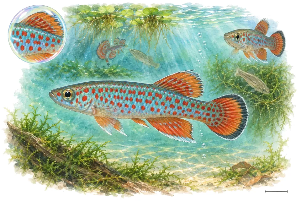 Aquarelle : Killi d’Amiet (Fundulopanchax amieti) dans une eau turquoise lumineuse, avec une vue de trois quarts et un détail dans une bulle.
