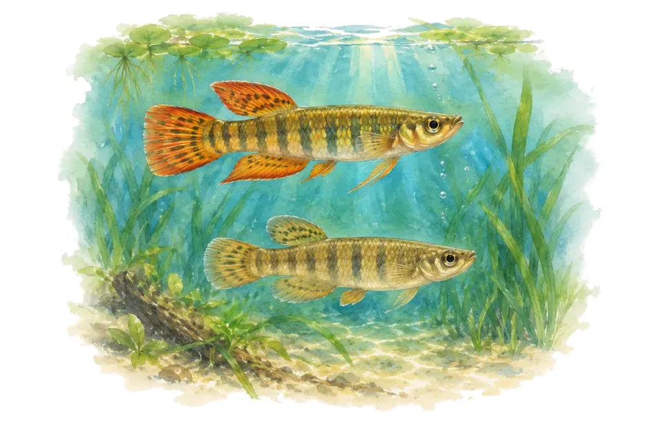 Aquarelle : Killi de Chaper, mâle et femelle l'un au-dessus de l'autre dans une eau turquoise.