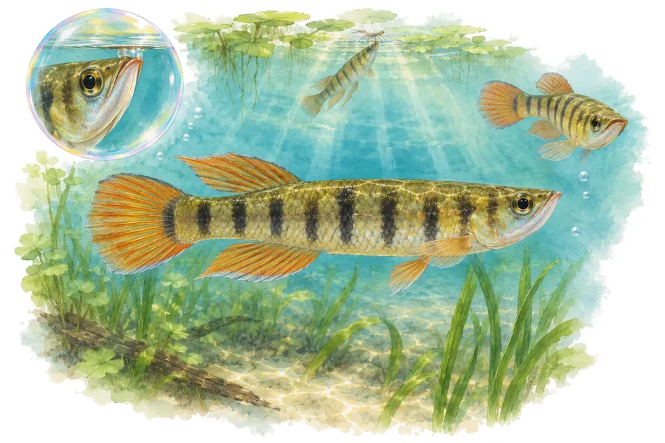 Aquarelle : Killi de Chaper (Epiplatys chaperi) dans une eau turquoise lumineuse, avec une vue de trois quarts et un détail dans une bulle.
