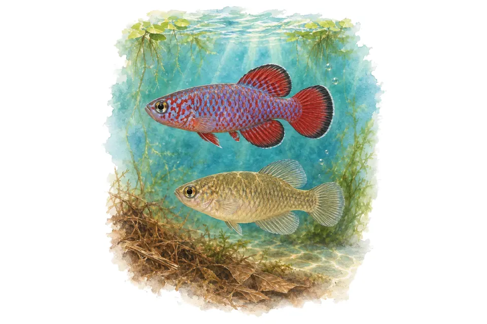Aquarelle : Killi de Foersch, mâle et femelle l'un au-dessus de l'autre dans une eau turquoise.