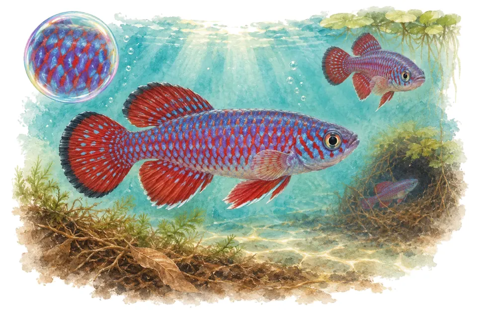 Aquarelle : Killi de Foersch (Nothobranchius foerschi) dans une eau turquoise lumineuse, avec une vue de trois quarts et un détail dans une bulle.