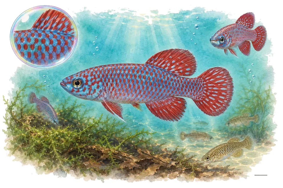 Aquarelle : Killi de Korthaus (Nothobranchius korthausae) dans une eau turquoise lumineuse, avec une vue de trois quarts et un détail dans une bulle.