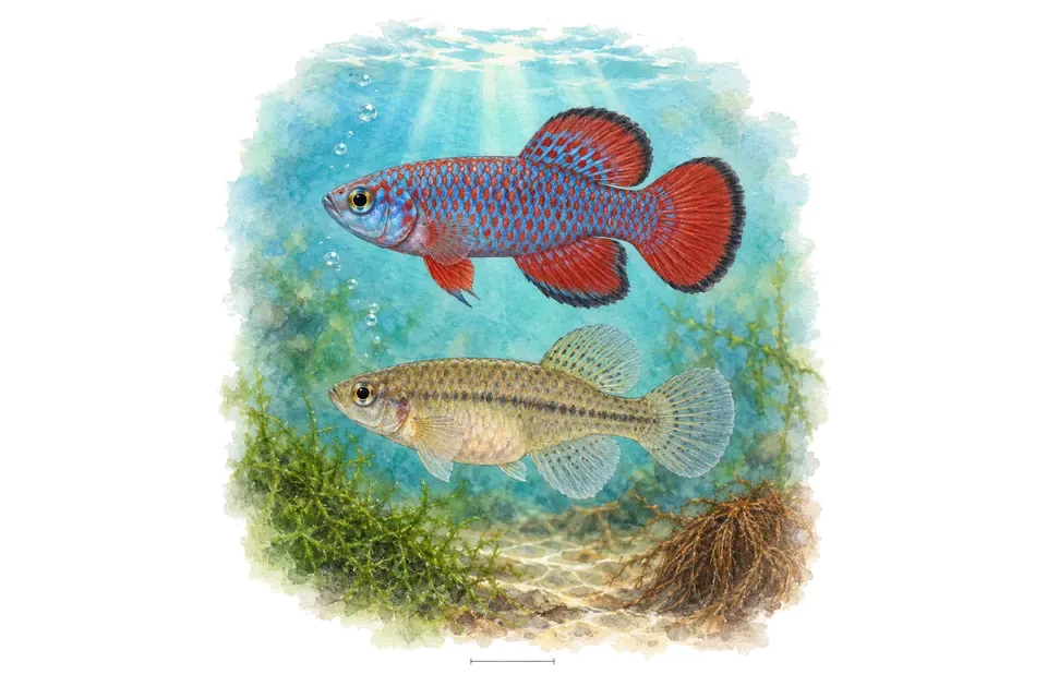 Aquarelle : Killi d’Eggers, mâle et femelle l'un au-dessus de l'autre dans une eau turquoise.
