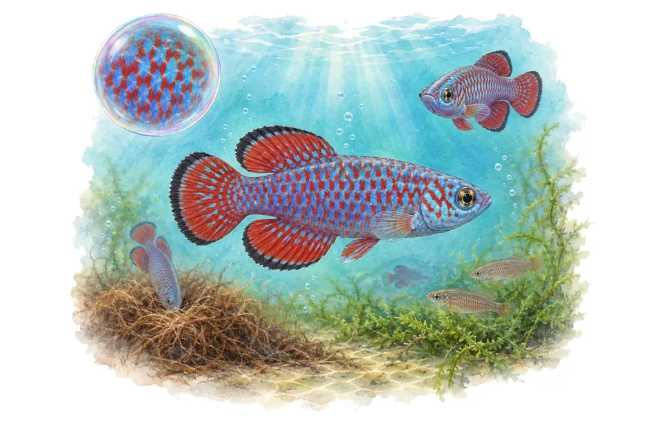 Aquarelle : Killi d’Eggers (Nothobranchius eggersi) dans une eau turquoise lumineuse, avec une vue de trois quarts et un détail dans une bulle.