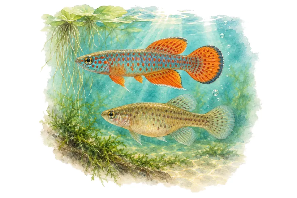 Aquarelle : Killi deltaensis, mâle et femelle l'un au-dessus de l'autre dans une eau turquoise.