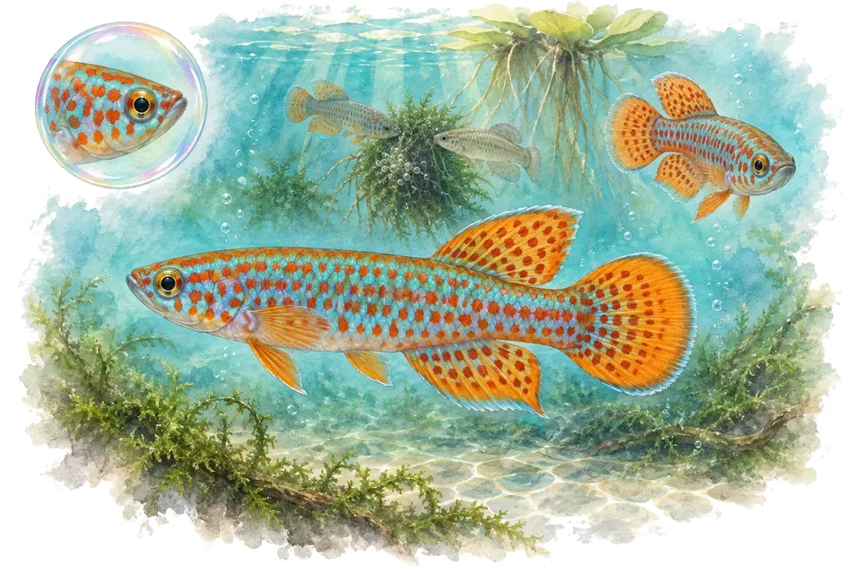 Aquarelle : Killi deltaensis (Fundulopanchax deltaensis) dans une eau turquoise lumineuse, avec une vue de trois quarts et un détail dans une bulle.