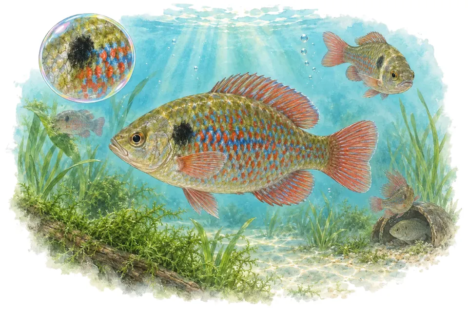 Aquarelle : Killi porte-étendard de Floride (Jordanella floridae) dans une eau turquoise lumineuse, avec une vue de trois quarts et un détail dans une bulle.
