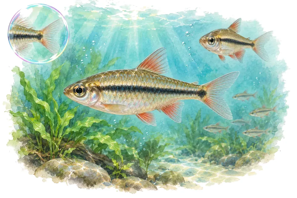 Aquarelle : Rasbora de Brittan (Kottelatia brittani) dans une eau turquoise lumineuse, avec une vue de trois quarts et un détail dans une bulle.