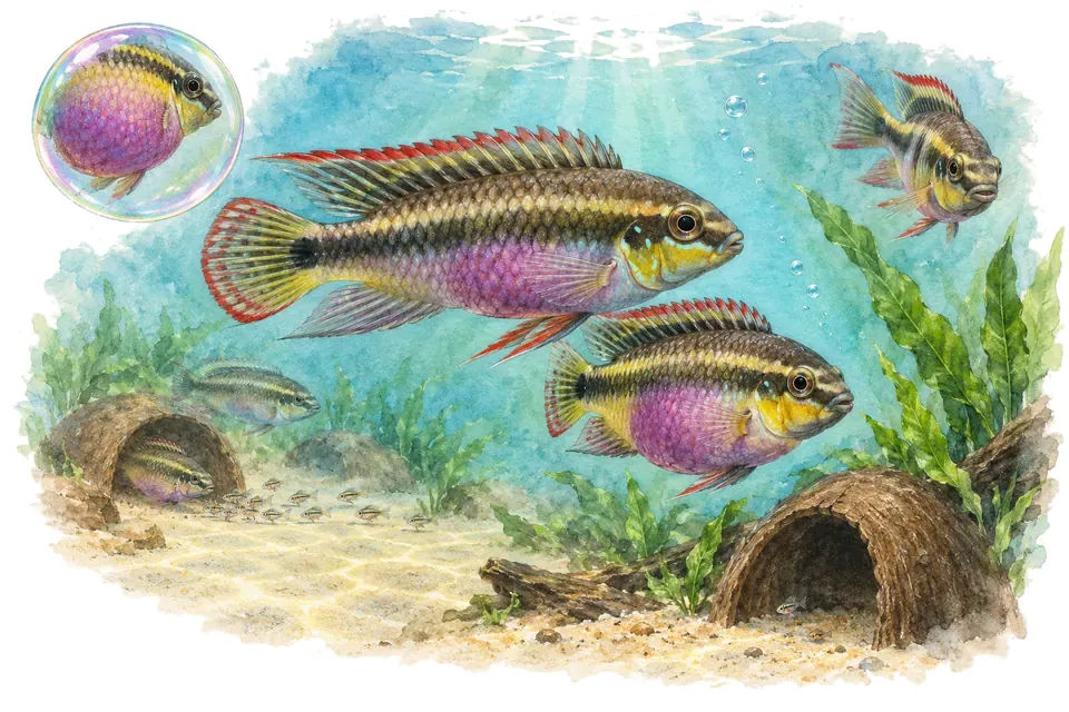 Aquarelle : Kribensis (Pelvicachromis pulcher) dans une eau turquoise lumineuse, avec une vue de trois quarts et un détail dans une bulle.