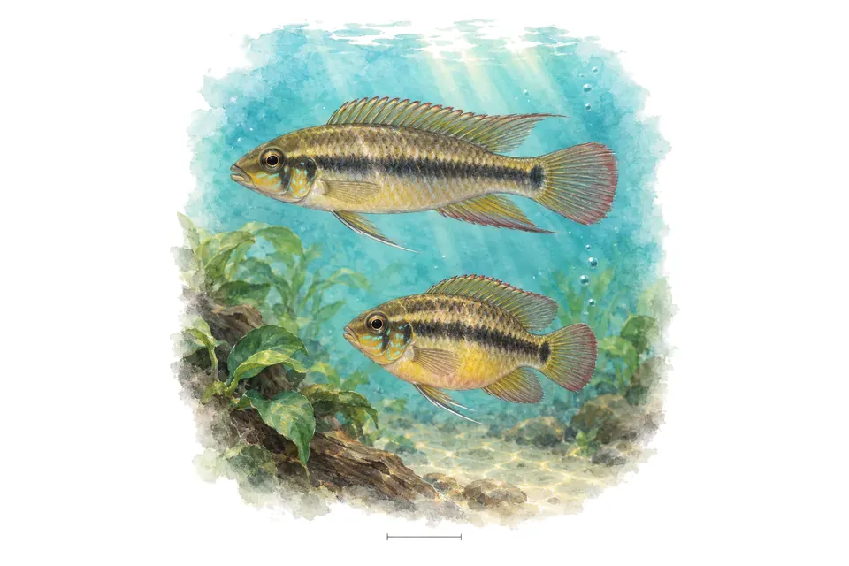 Aquarelle : Kribensis à ventre jaune, mâle et femelle l'un au-dessus de l'autre dans une eau turquoise.