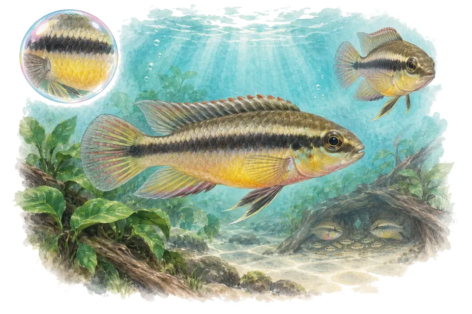 Aquarelle : Kribensis à ventre jaune (Pelvicachromis subocellatus) dans une eau turquoise lumineuse, avec une vue de trois quarts et un détail dans une bulle.