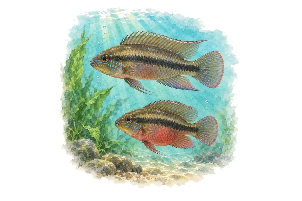 Aquarelle : Kribensis géant du Nigeria, mâle et femelle l'un au-dessus de l'autre dans une eau turquoise.