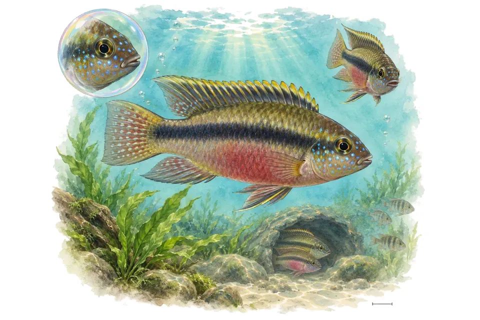 Aquarelle : Kribensis géant du Nigeria (Pelvicachromis sacrimontis) dans une eau turquoise lumineuse, avec une vue de trois quarts et un détail dans une bulle.