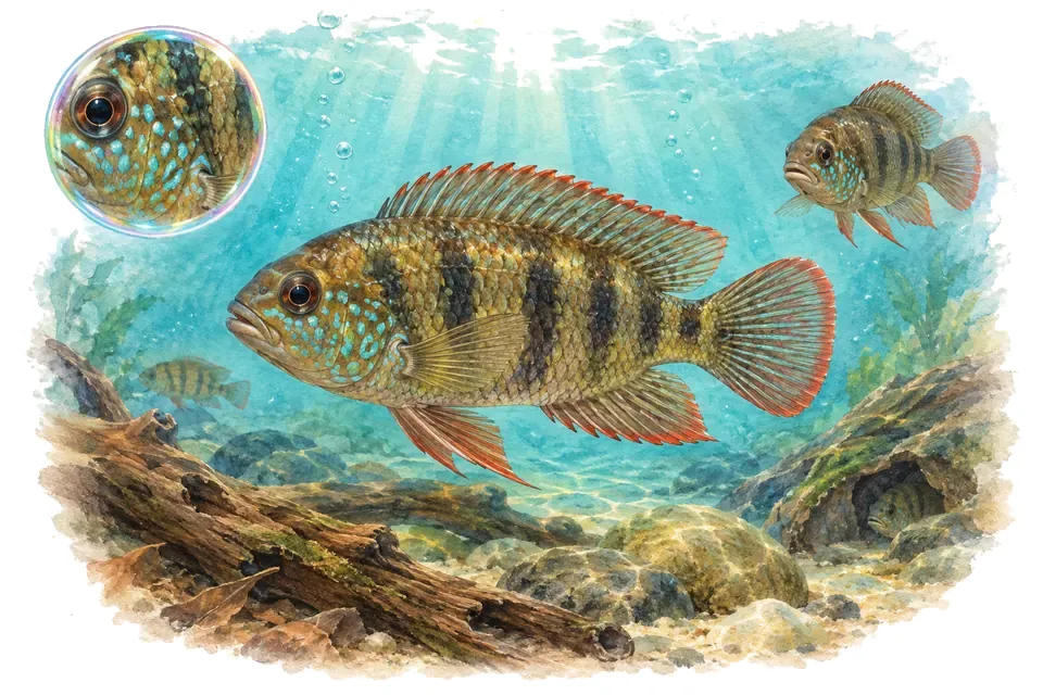 Aquarelle : Krobia de Guyane (Krobia guianensis) dans une eau turquoise lumineuse, avec une vue de trois quarts et un détail dans une bulle.