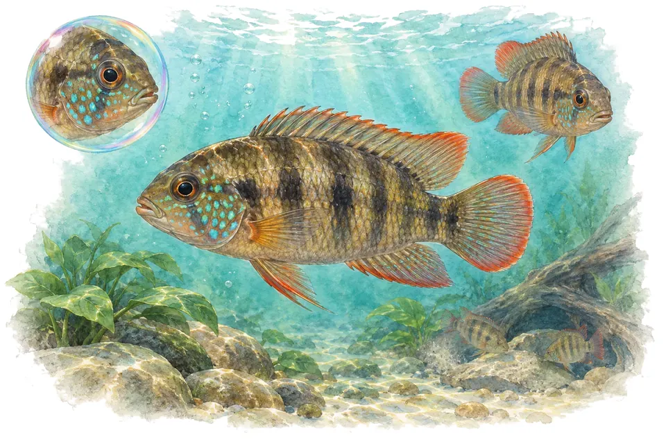 Aquarelle : Krobia du Xingu (Krobia xinguensis) dans une eau turquoise lumineuse, avec une vue de trois quarts et un détail dans une bulle.