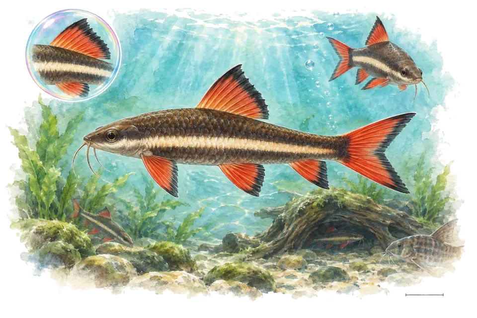 Aquarelle : Labéo à franges (Epalzeorhynchos kalopterus) dans une eau turquoise lumineuse, avec une vue de trois quarts et un détail dans une bulle.