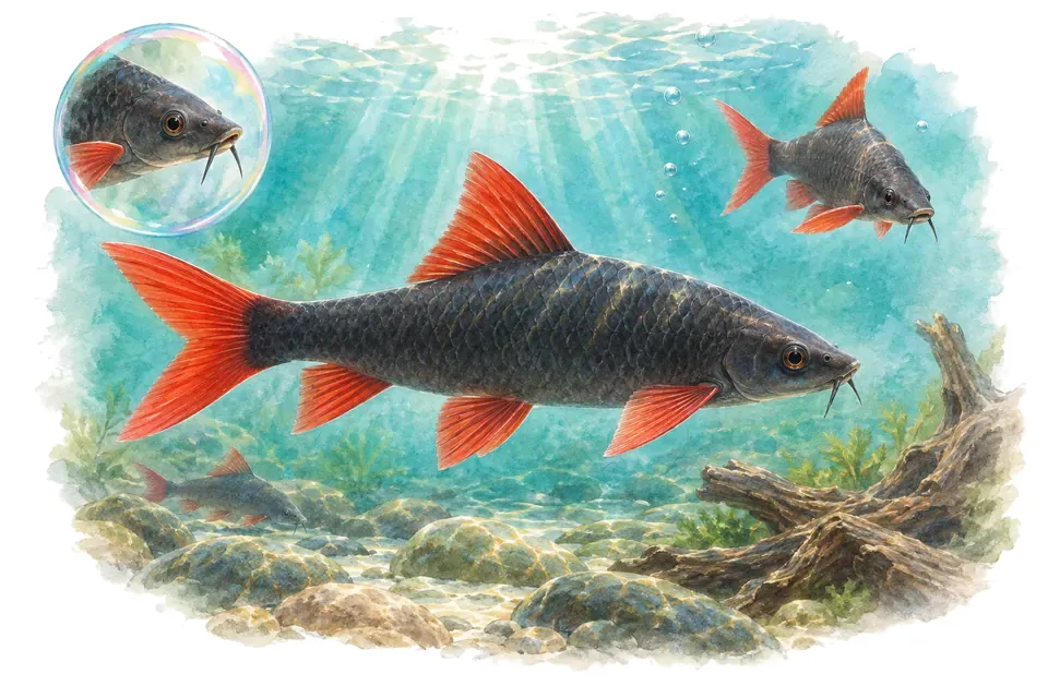 Aquarelle : Labeo à nageoires rouges (Epalzeorhynchos munense) dans une eau turquoise lumineuse, avec une vue de trois quarts et un détail dans une bulle.
