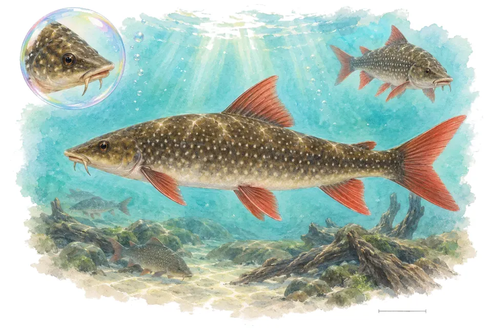 Aquarelle : Labeo à nez bicolore (Labeo cyclorhynchus) dans une eau turquoise lumineuse, avec une vue de trois quarts et un détail dans une bulle.