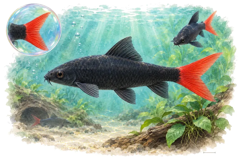 Aquarelle : Labéo à queue rouge (Epalzeorhynchos bicolor) dans une eau turquoise lumineuse, avec une vue de trois quarts et un détail dans une bulle.